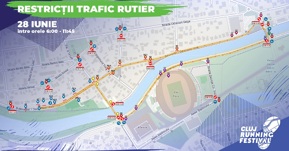 Map showing traffic restrictions on June 28 from 6:00 to 11:45 near Cluj Running Festival routes.
