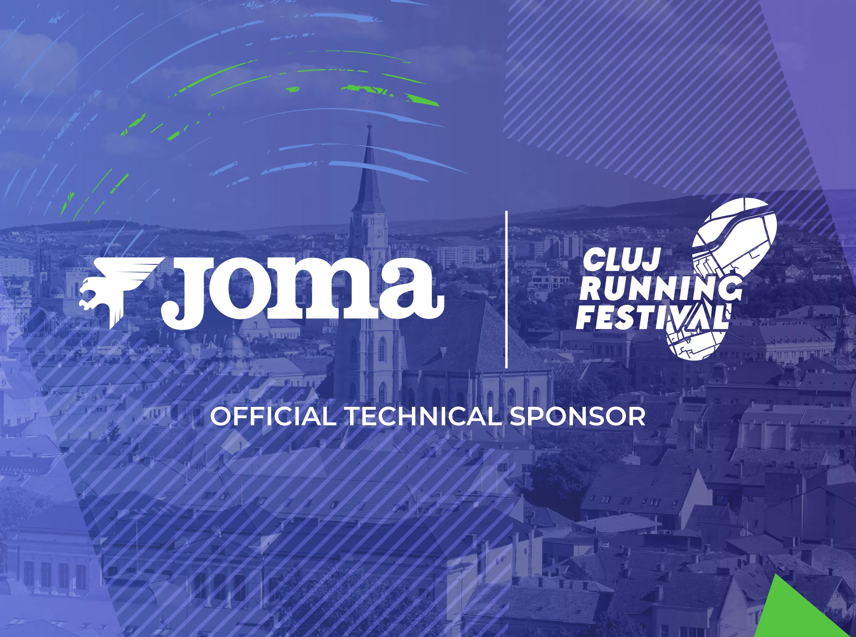 Banner with Joma logo and Cluj Running Festival logo indicating Joma as the official technical sponsor, over a cityscape background.